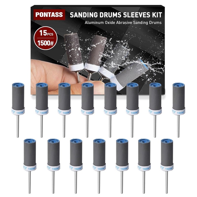 PONTASS 15Pcs 1500 Grit Sanding Drums Sandpaper Sticks Set with 1/8"(3mm) Shank for Dremel Rotary Tool, Suitable for Metal Rust Removal/Jade Polishing/Stone Grinding - Image 1